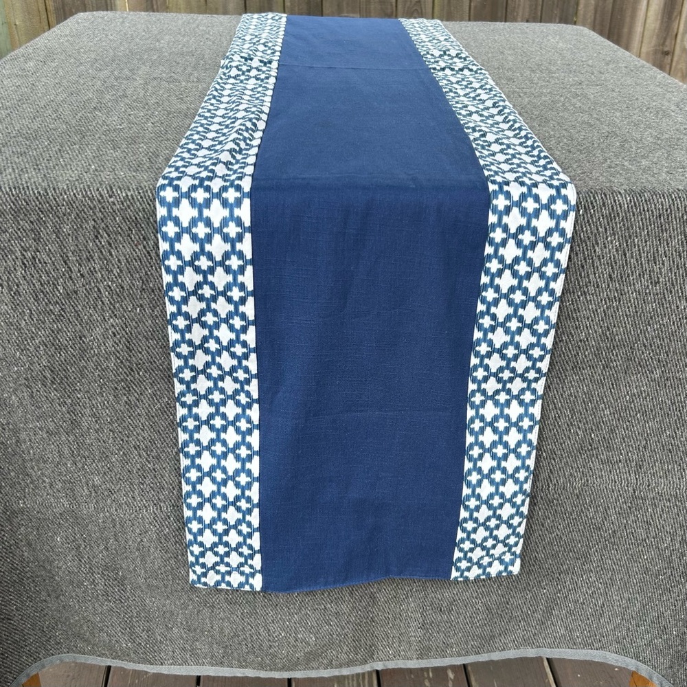 Ikat Print Border Blue and White Table Runner Fully Lined #0715258
